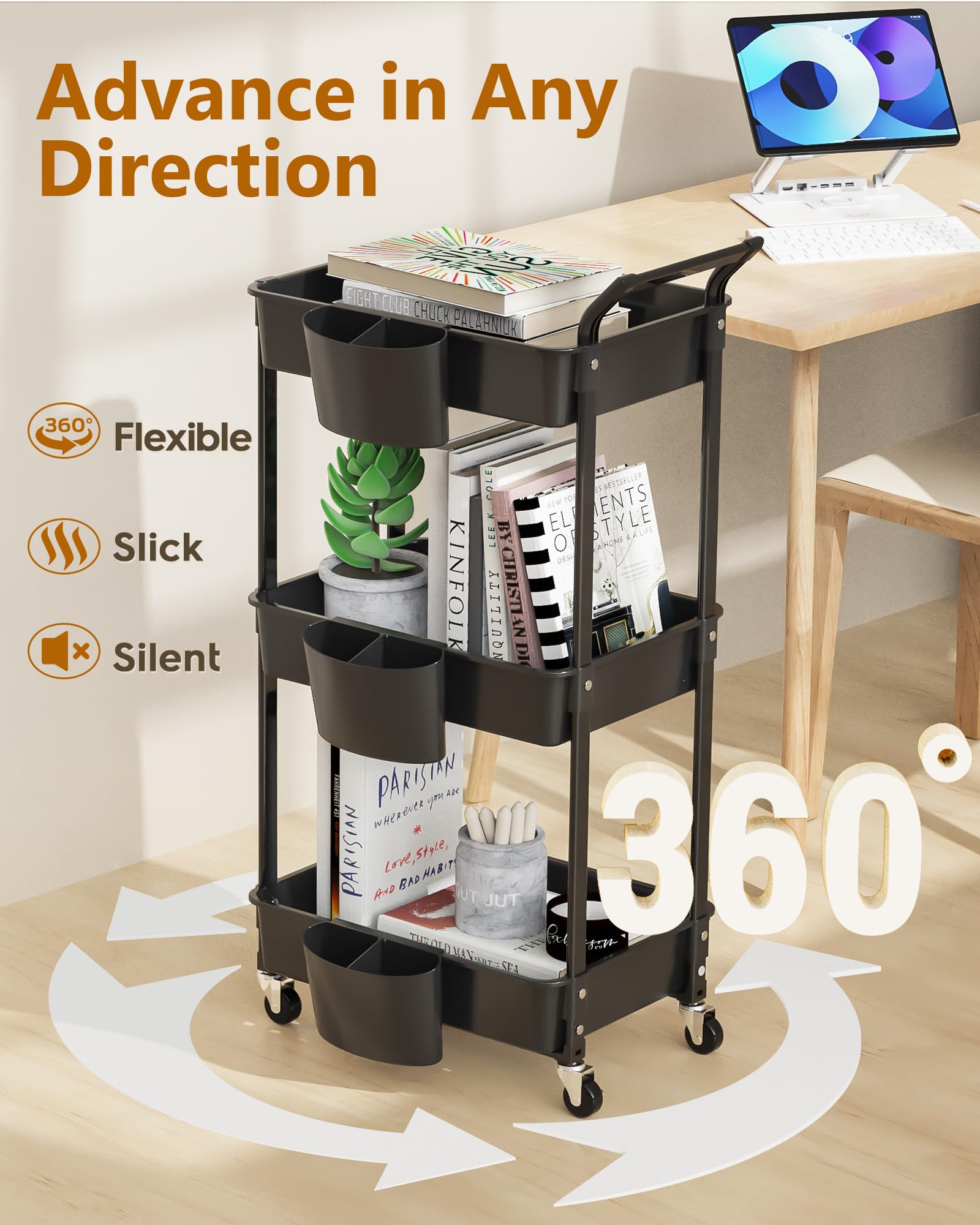 HBTower Rollwagen aus Kunststoff，Küchenwagen 3 Etagen, Servierwagen, mit extra hängenden Tassen, feststellbare Räder für Wohnzimmer, Küche, Büro, Schwarz
