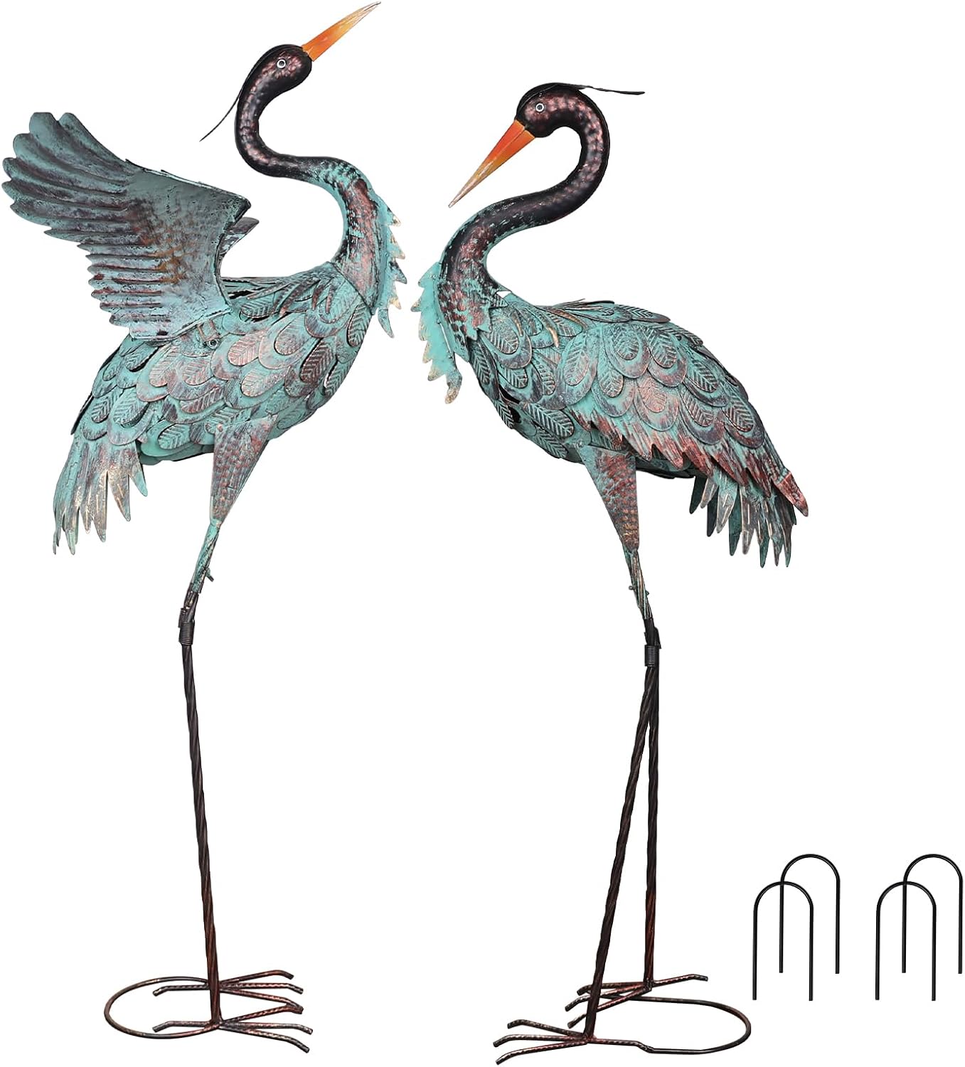 YEAHOME Garden Decor Outdoor Statues, 38"/36" Large Metal Heron Standing Yard Art, Blue Crane Lawn Sculptures Garden Decor for Outside Patio Porch Backyard, Set of 2