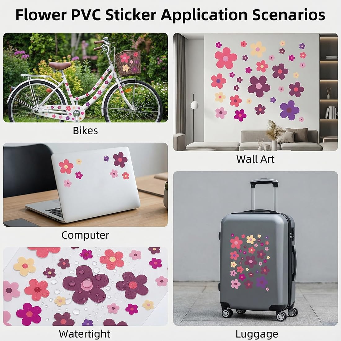 Adesivi Impermeabili Fiori, 3 Pezzi Adesivi Fiori per Bici, Laptop, Auto, Moto, Telefono, Notebook (Viola Estivo)