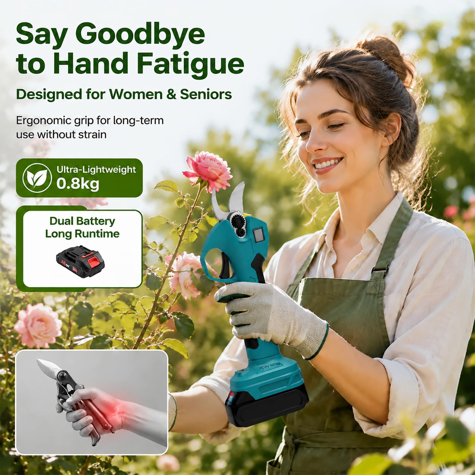 hKjPlvf Tijeras de Podar Electricas sin Cable para Artritis, Bateria 48V, Hoja Acero SK5, Corte 45mm, Cortador de Ramas Ligero para Mujeres y Ancianos, Herramienta Jardin Profesional