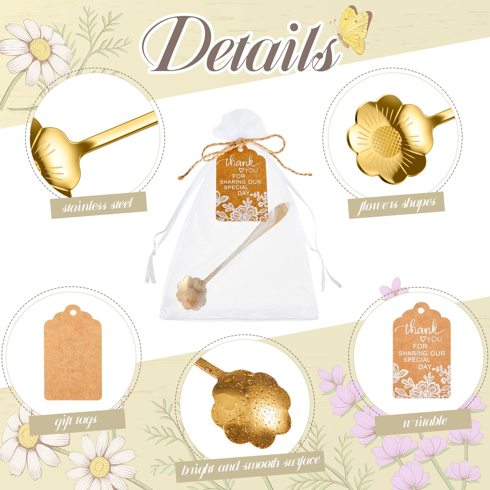Norme Lot de 100 cuillères à café en acier inoxydable avec 100 étiquettes cadeau avec cordon de serrage, sac en organza et corde pour cadeau, thé, souvenir, fête prénuptiale