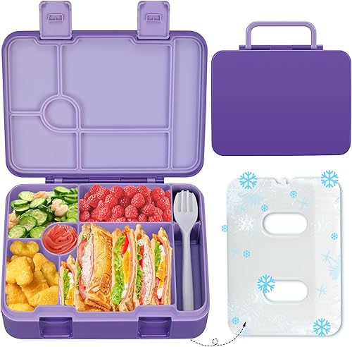 Miniatura 11 de Fiambrera Bento para niños con paquete de hielo, caja Bento a prueba de fugas de 5 compartimentos con utensilios, capacidad de 5.5 tazas para