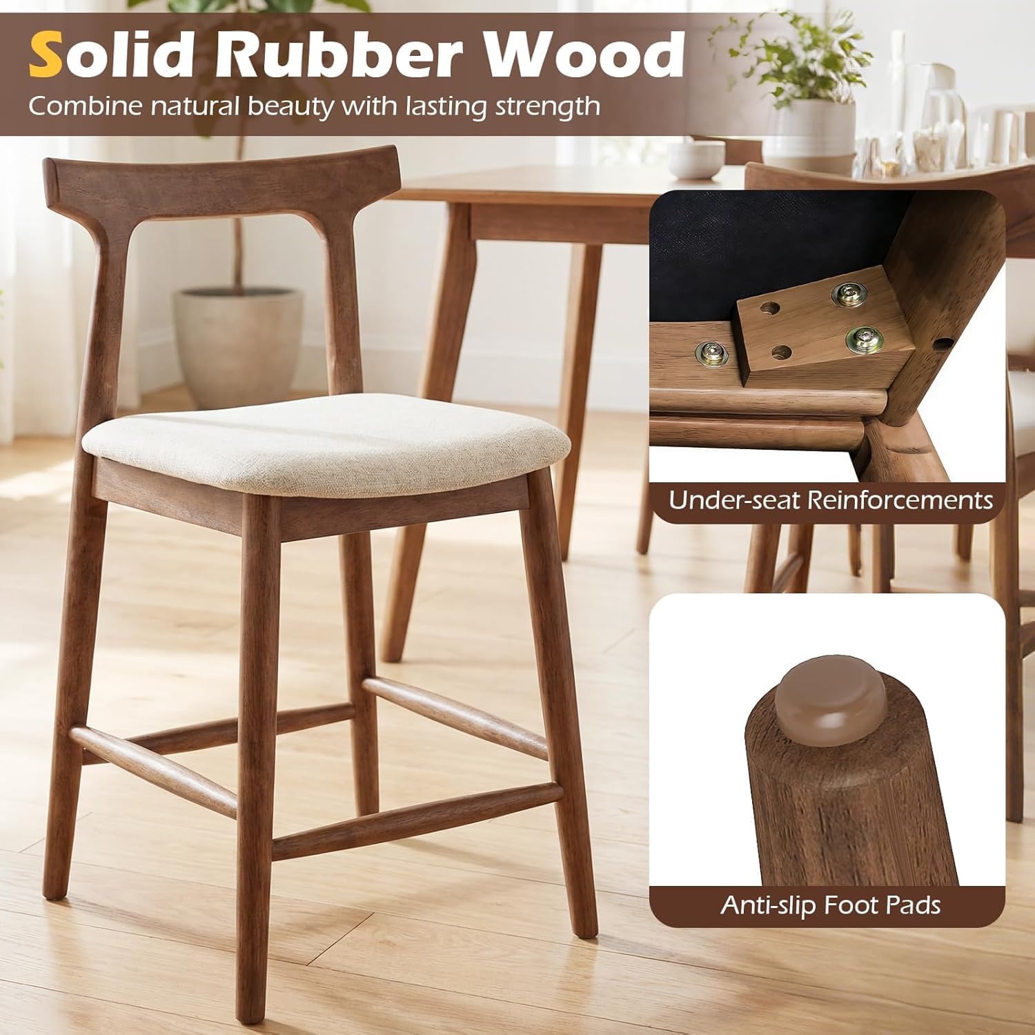 COSTWAY 3-Piece Solid Rubberwood Counter Height Farmhouse Dining Set – 36" Pedestal Table with Rounded Edges & 2 Upholstered 24" Bar Stools with Backrest and Footrest, Walnut Finish
