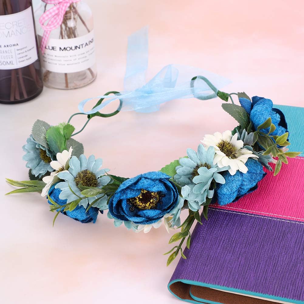 Floral Crown Headband Bride Flower Wreath Crown Flower Garland Headband Wreath Hair Garland Boho Floral Headpiece with Ribbon Rose Bohemian Hair Accessories for Wedding Party Festival - Image 3