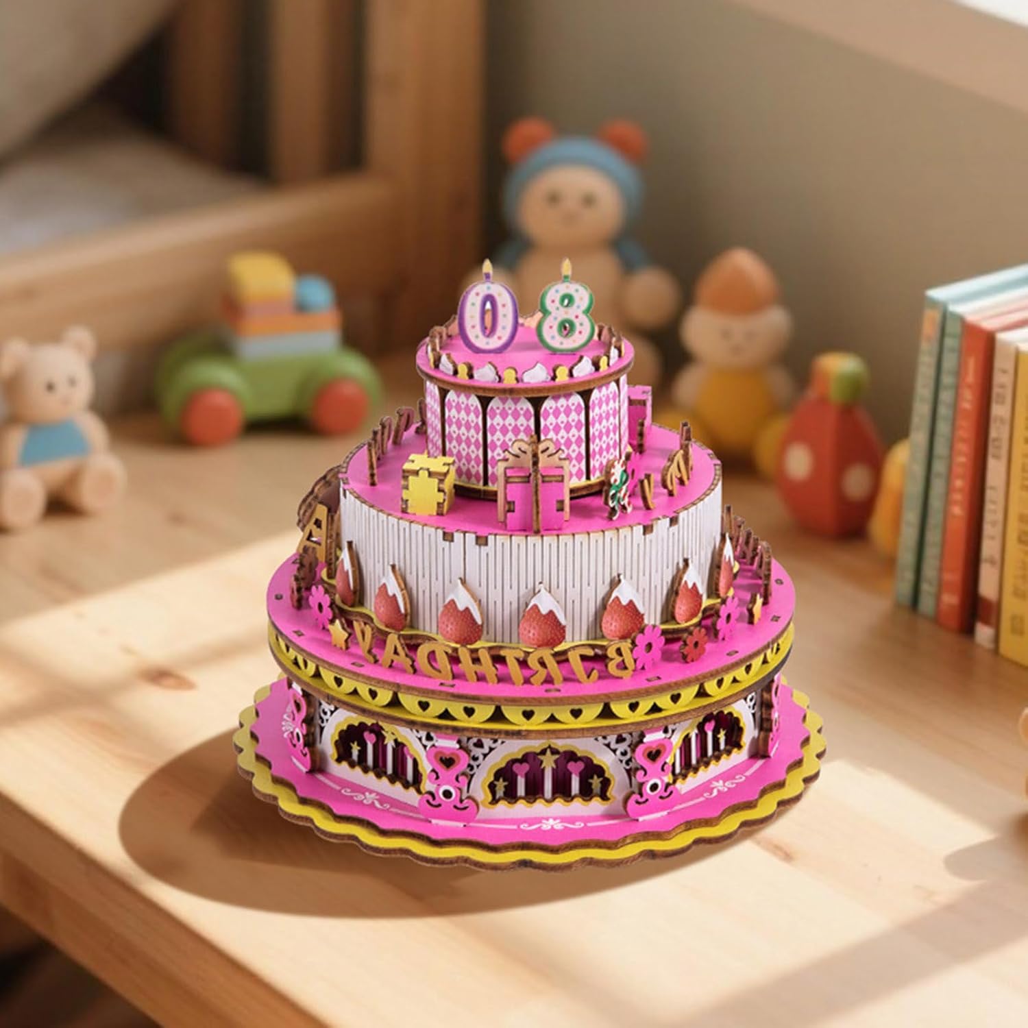 Wooden Mechanical Rotating Birthday Cake Music Box Craft Set Easy Assembly Without Tool NeededMusical Ornament Gifting Cake Craft Set DIYer Handmade Wood Musical