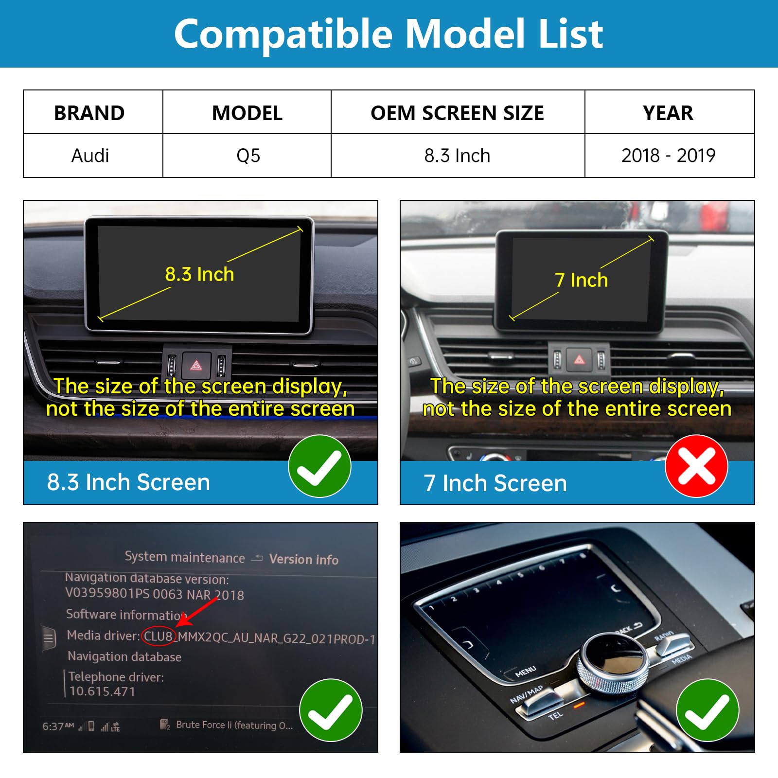 Radio samochodowe Ninetom 12,3 cala, Apple CarPlay/Android Auto/Mirrorlink/GPS do Audi Q5 z lat 2018–2019 z systemem MIB, obsługuje Mirrorlink, kamerę, nawigację, Siri i muzykę