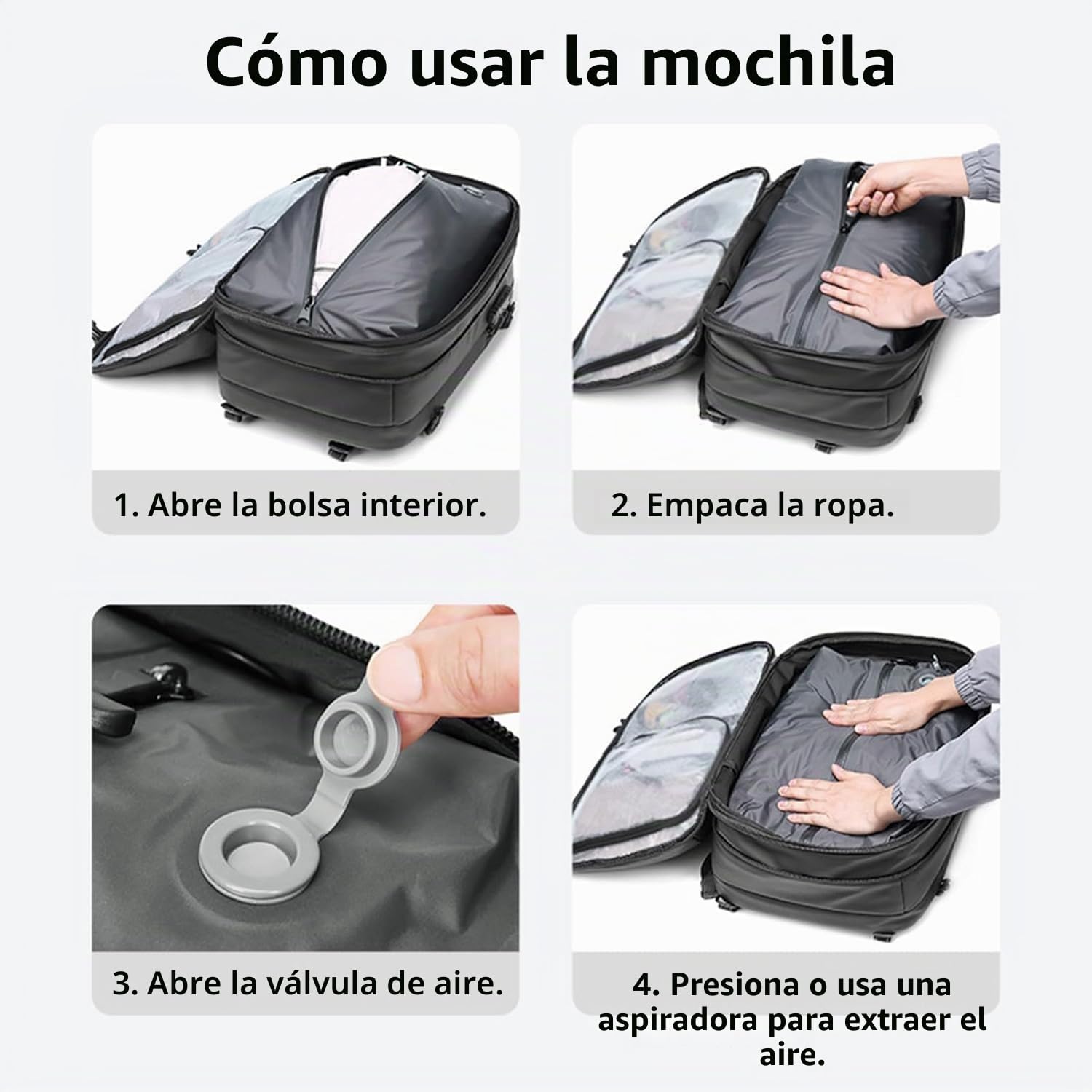 Mochila de Viaje al Vacio, Mochila al Vacío Tipo Airbag, Mochila Expandible de 60 l con Compresión al Vacio, Mochila Viaje Cabina Avion, Impermeable y Antirrobo