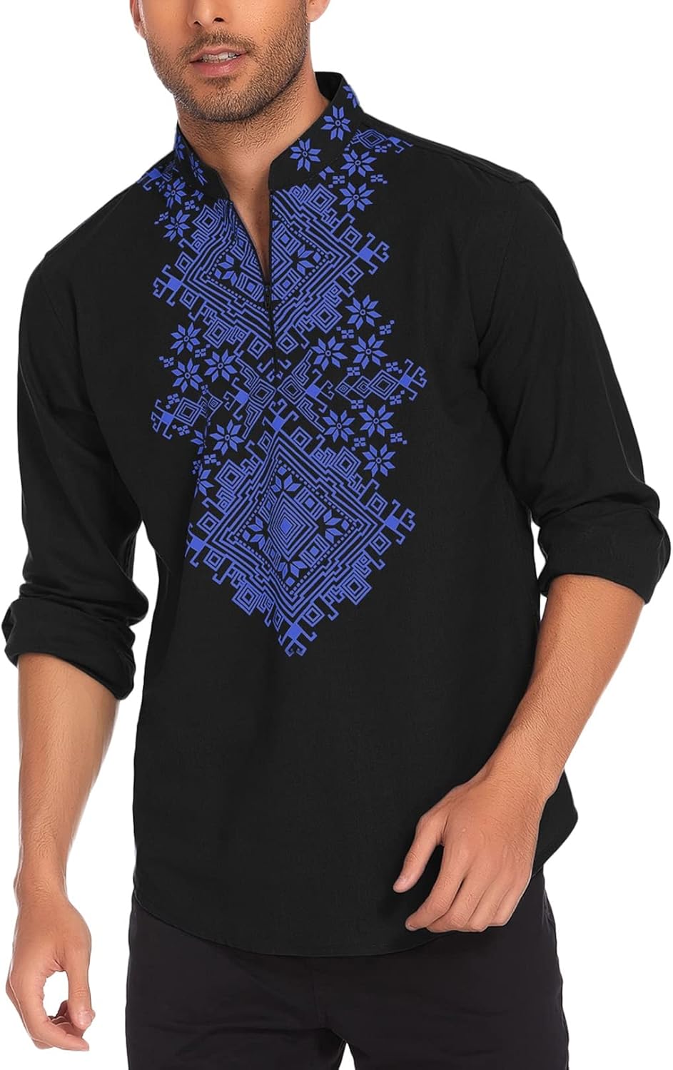 COOFANDY Men's Henley Shirt Vyshyvanka Long Sleeve African Print Shirts Casual Zip Up Cotton Linen Beach Hippie Shirt