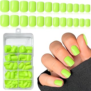 LuckForever Short Press on Nails 240pc Glossy Neon Yellow Press on Nails Short Square Round Fake Nails Full Cover 10 Sheets Nail Adhesive Tabs,Small Wooden Sticks and Nail Files False Nails for Women