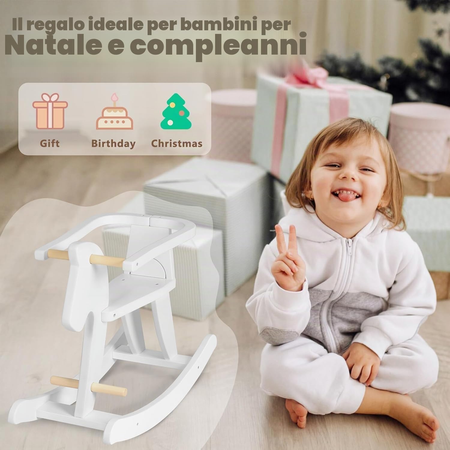 labebe Cavallo Dondolo Legno Bianco Classic, Sedia Dondolo Bambini per 6-36 Mesi, Giochi Cavalcabili Bambini/Dondolo Bambino/Dondolo Neonati Elettrico Dondolo Cavallo Bianco