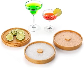 Nucookery 3-Tier Wood Bar Glass Rimmer, 5.6" Margarita Salt Rimmer Set, Sugar and Salt Rimmer Tray for Juice Cocktails, Bartender Bar Party Tool, Drinks Bar Accessories Box for Home Bar Beech Wood