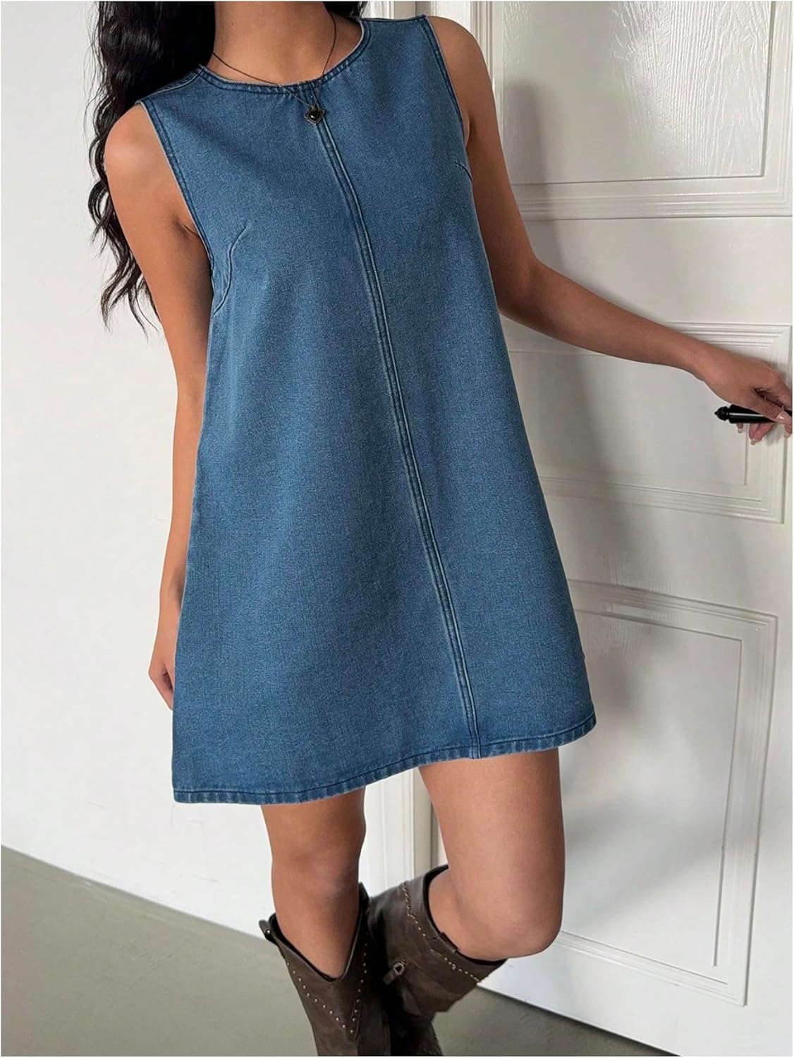 Milumia Women's Bow Tie Back Denim Sundress Crew Neck Sleeveless Flared Short Dresses - Image 2