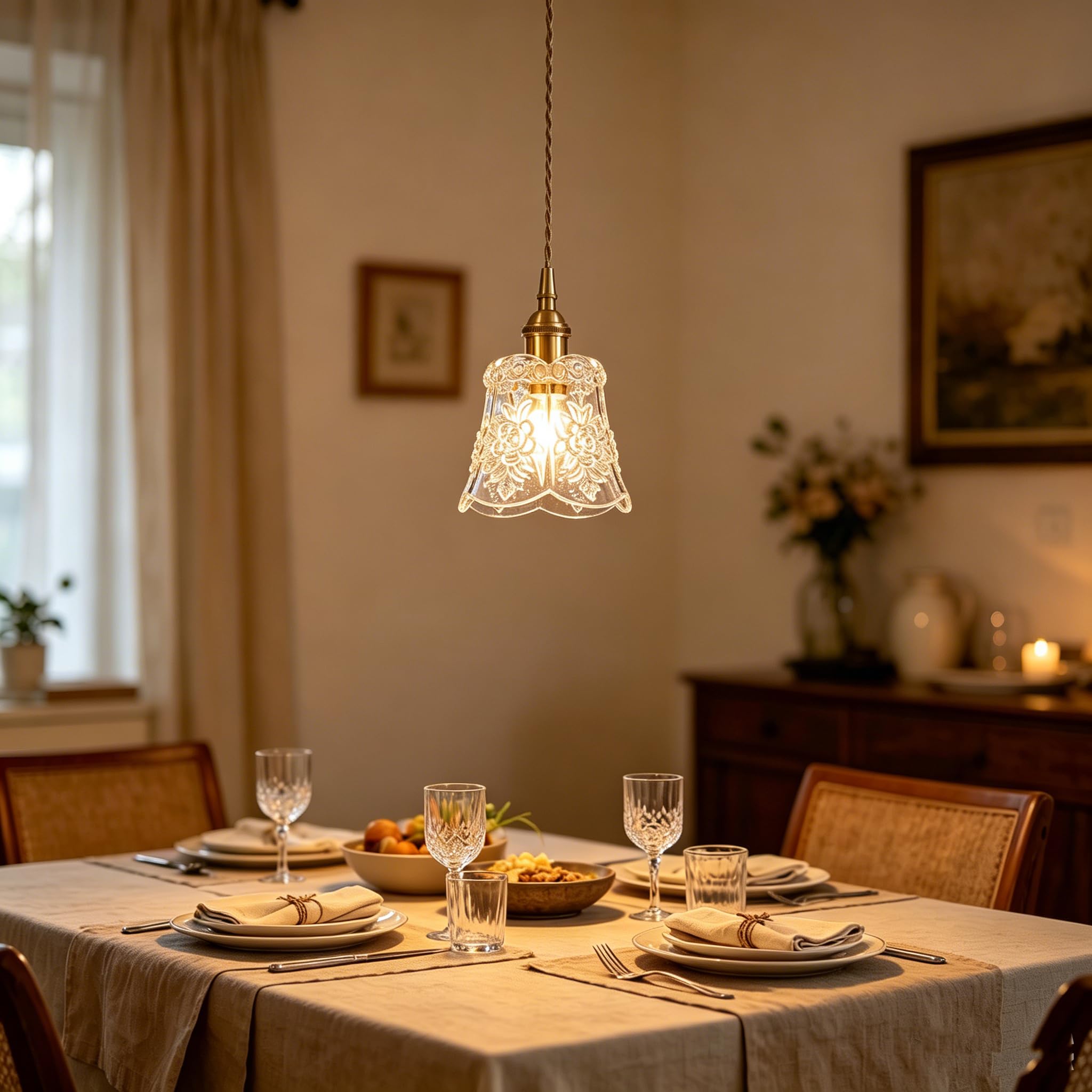 Chrasy Vintage E27 Suspension Luminaire Abat-jour Classique en Verre Transparent Gravé Petite Lampe Suspendue Rétro Finition Laiton pour Cuisine, Salon, Chambre, Café