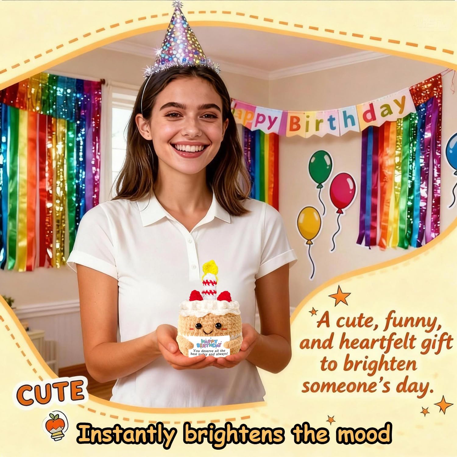 Happy Birthday Gifts for Women Emotional Support Crochet Positive Crochet Cake Girls Best Friends Unique Gift with Card for Sister Cowrokers Girlfriend Bday Party Decoration Knitted Small Present - Image 2