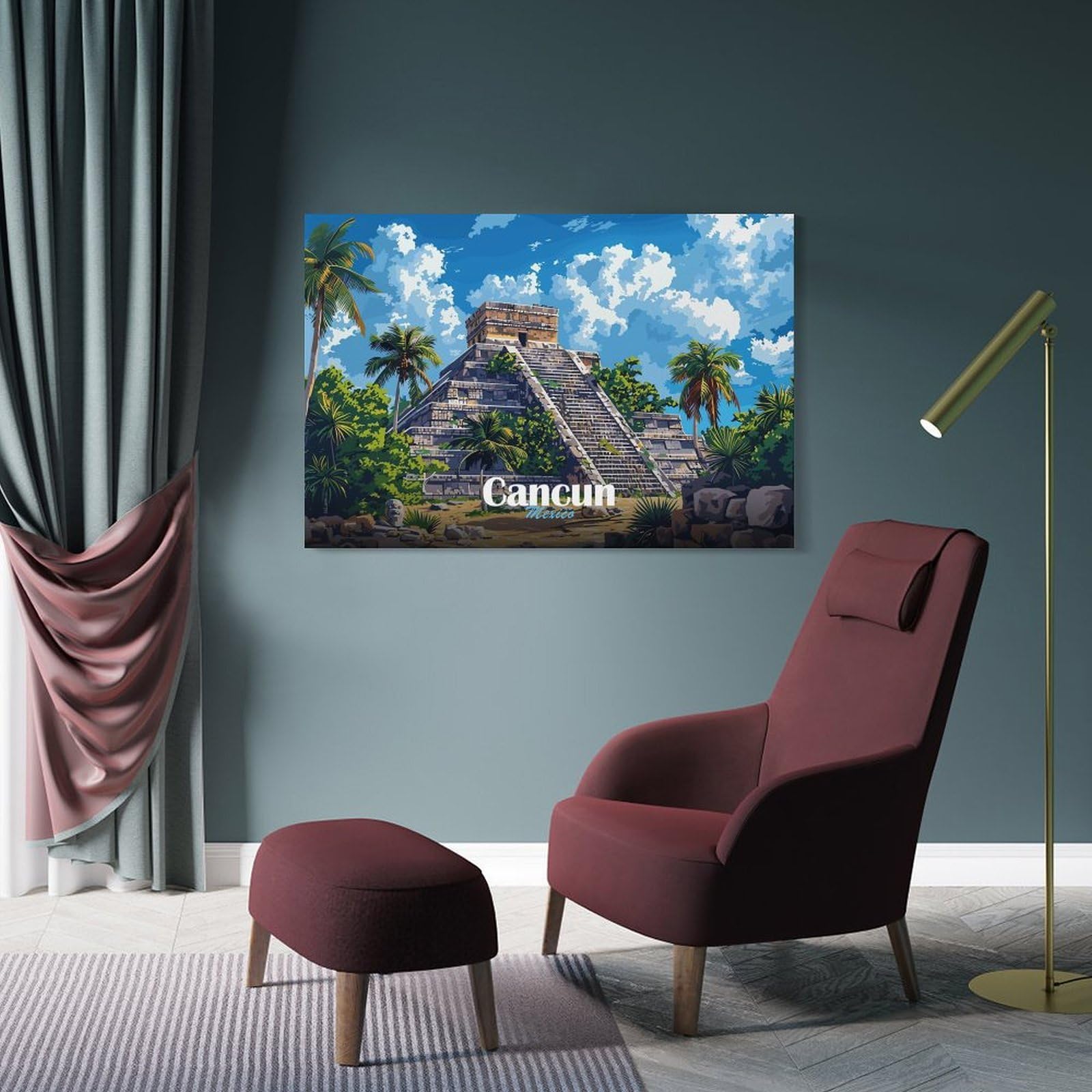 Junmoney Canvas Wall Art Cancun Mayan Pyramid, 20x30inch(50x75cm), for Lounge, Study, Hallway Or Flat Walls, Canvas Wall Art That Fits Changing Layouts
