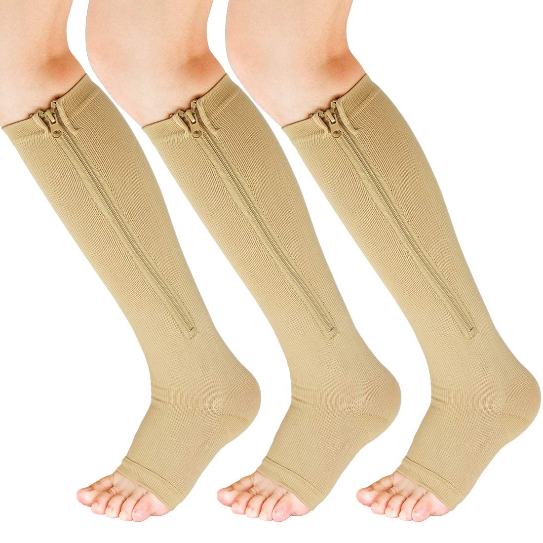 Easy On Zip compression Socks For Men Women With Toe Open Design Zipper Leg Support Knee-High Stockings 3 Pairs