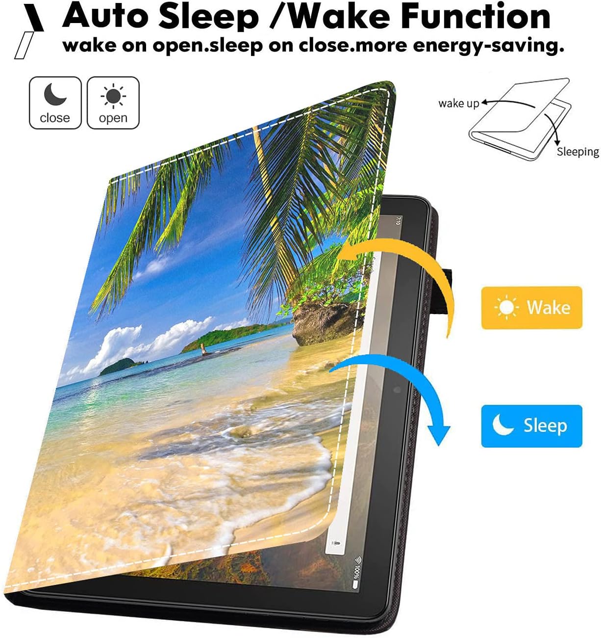 Case for Amazon Fire HD 10 Tablet (9th/7th Gen, 2019/2017 Release), Premium PU Leather Cover with Auto Sleep Wake Feature Folio Case for Fire 10.1" Tablet, Shore Palms Tropical Beach