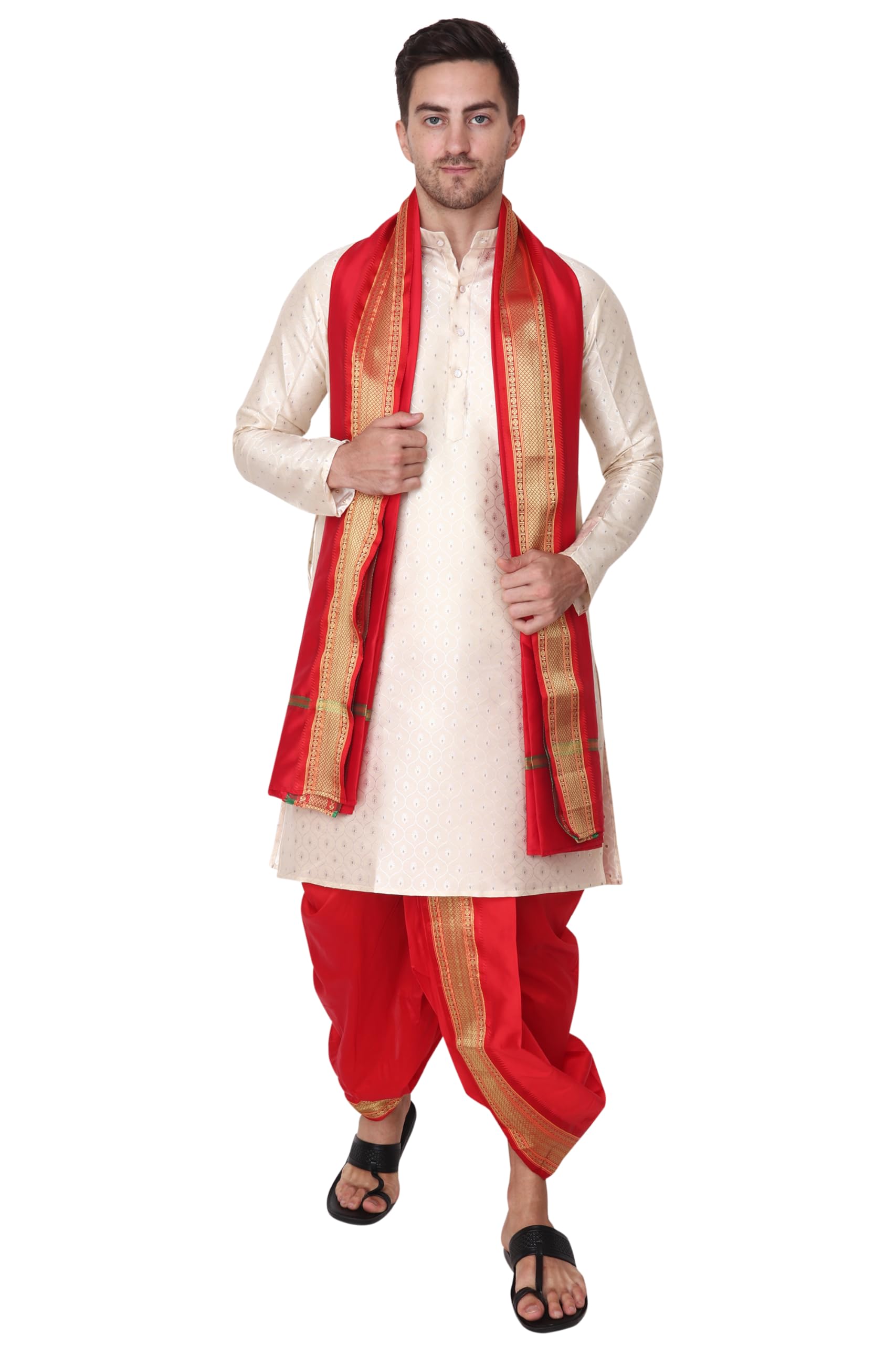 Rameshwaram Fabrics Readymade Dhoti for men with Sherwani Style Silk Kurta, Suitable for Marriage, Pooja, Festival (M-Medium-38, Red) - Image 2 thumbnail