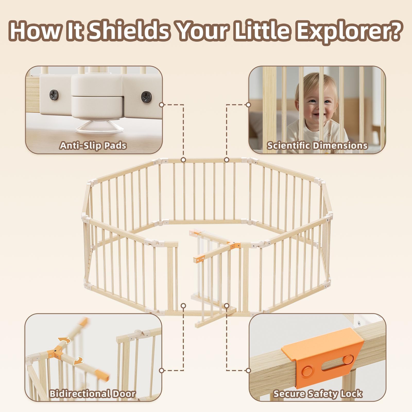 Baby Playpen, Wooden Playpen For Babies and Toddlers, Foldable Play Yard with Gate, 8 Panels Baby Fence, Indoor Play Area, Child Activity Center — view 4