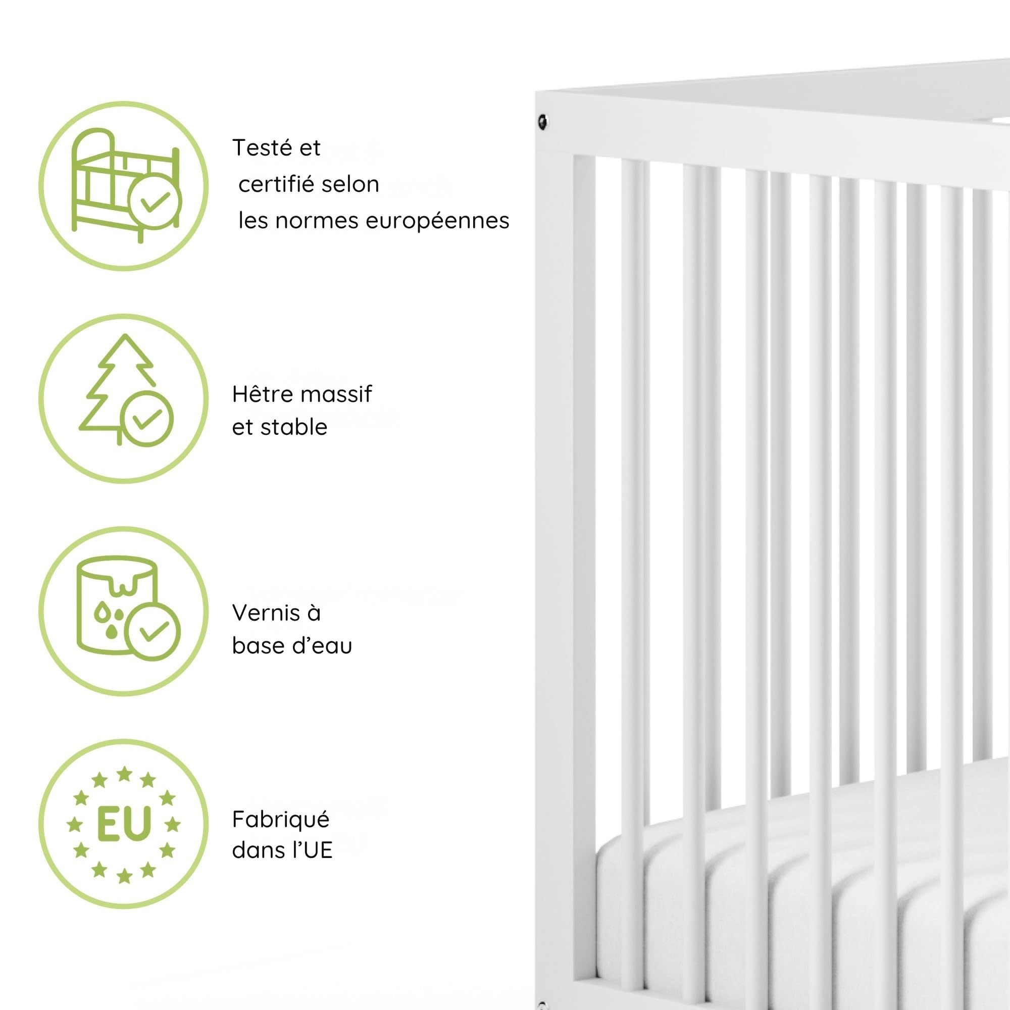Kids Collective Lit bébé évolutif 60x120 70x140 cm Matelas Sommier hêtre Massif Blanc