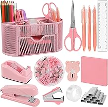 Pink Office Supplies for Desk,14pcs Desk Sets and Accessories, Office Supply Kit with Mesh Desktop Organizer and Stapler,Staple Remover, Staples,Tape Dispenser,Sticky Tabs,Scissors, Ruler