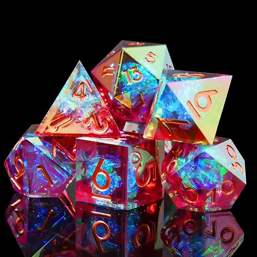 Vista 33 de DND - Juego de dados hechos a mano, 7 accesorios, dados de borde afilado para juegos TTRPG de Calabozos y Dragones, RPG multicara de resina Negro