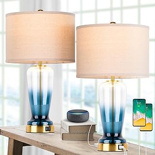 Dott Arts Table Lamps for Bedrooms Set of 2，3-Way Dimmable Modern Glass Bedside Lamps with USB Ports，Touch Nightstand Lamps with blue glass，table lamp for Bedroom Living Room Office （2 Bulbs Included）