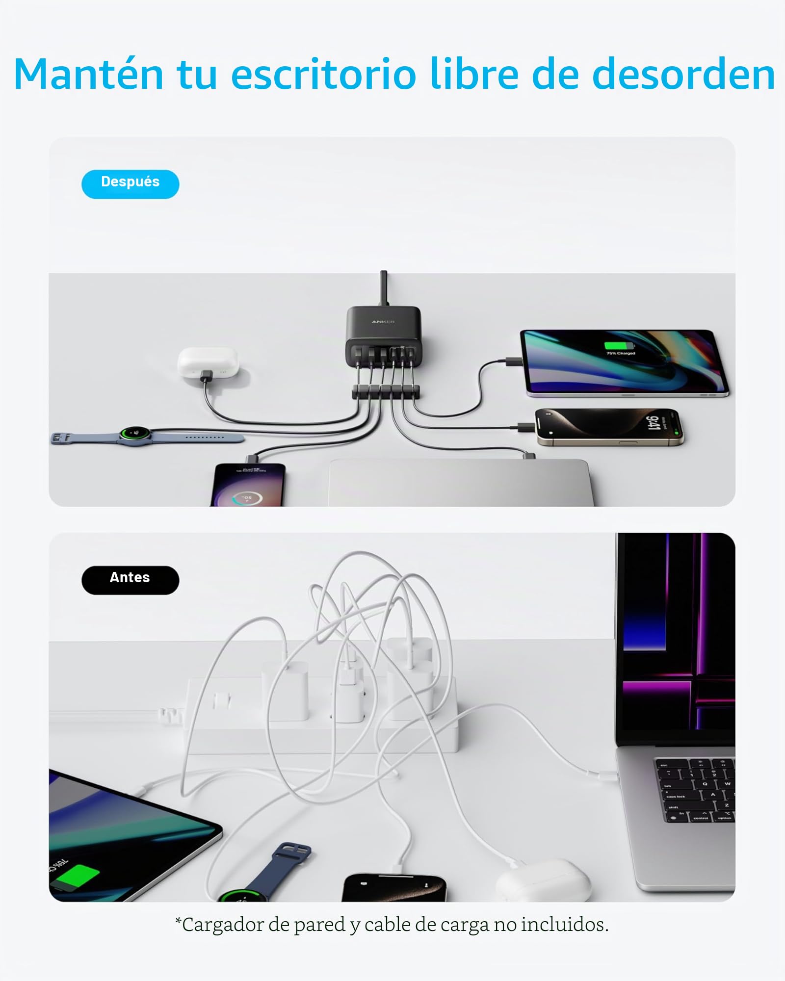 Anker Cargador USB-C, Estación de Carga de 6 Puertos con Salida de 112 W, para iPhone 16/16 Plus/16 Pro/16 Pro Max/15/14/13 Series, MacBook Air, Pixel, Galaxy, iPad y Más (Cable no Incluido)