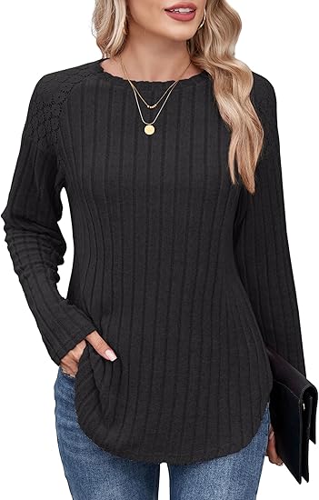 ZAFUL Long Sleeve Shirts for Women Lace Lightweight Top Sweaters Business Dressy Casual Tunic Blouse Side Split