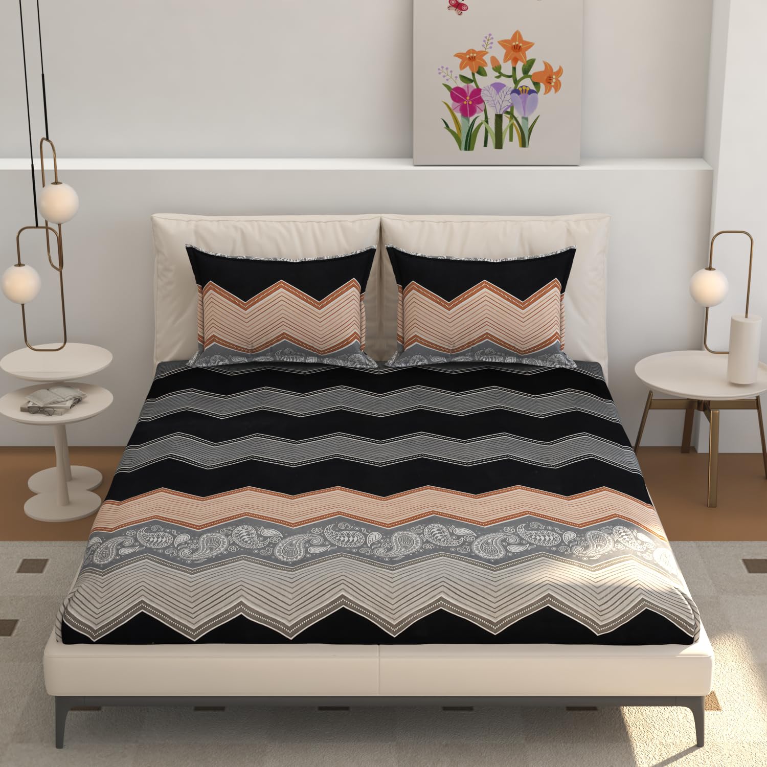 Lunar Days Zig zag 160 TC Printed Double Bedsheet with 2 Pillow Covers |Fitted bedsheet Breathable & Wrinkle-image-49