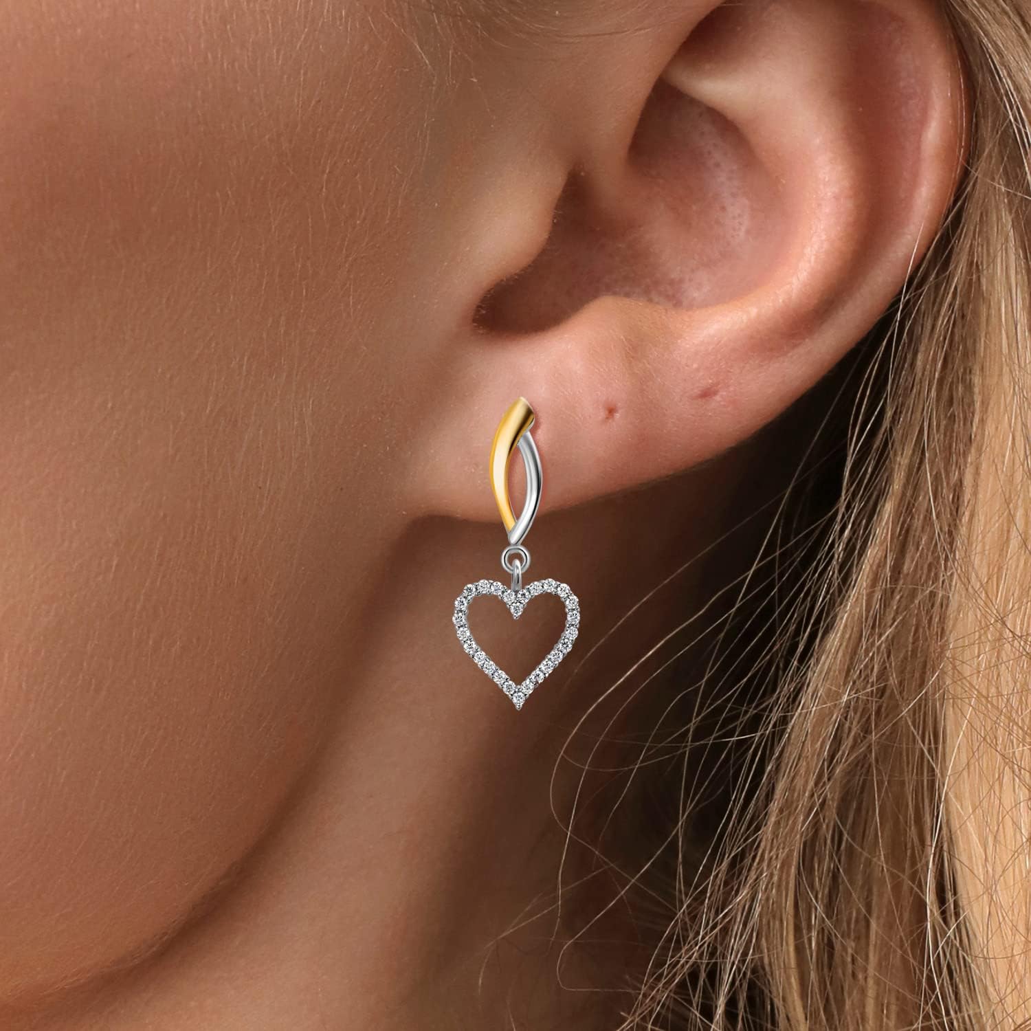Gem Stone King Lab Grown Diamond and Moissanite Dangling Love Charm Earrings For Women By Keren Hanan | 10K Yellow Gold and 925 Sterling Silver | Fine Jewelry Gifts for Her Mom Women Wife