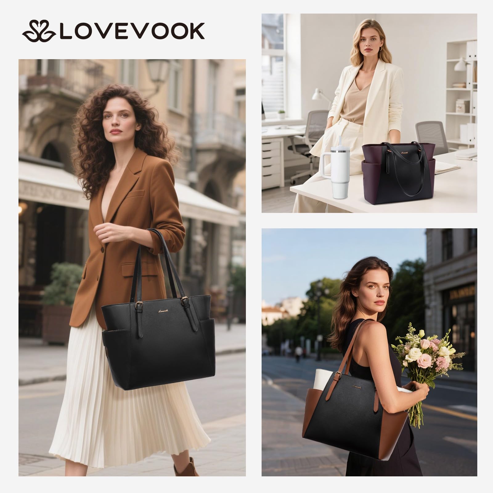 LOVEVOOK Handtasche Damen Groß, PU Leder Arbeitstasche, Laptoptasche, Große Wasserflaschen-Tasche Außen, Lehrertasche, Aktentasche, Stylische Shopper Tasche für Uni, Business, Büro und Reise