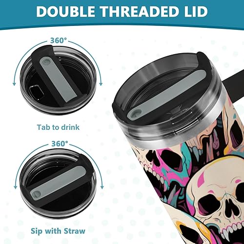Miniatura 5 de Botella de agua de boca ancha al vacío con diseño de calavera de animales de dibujos animados coloridos para niños con tapa y pajita, taza