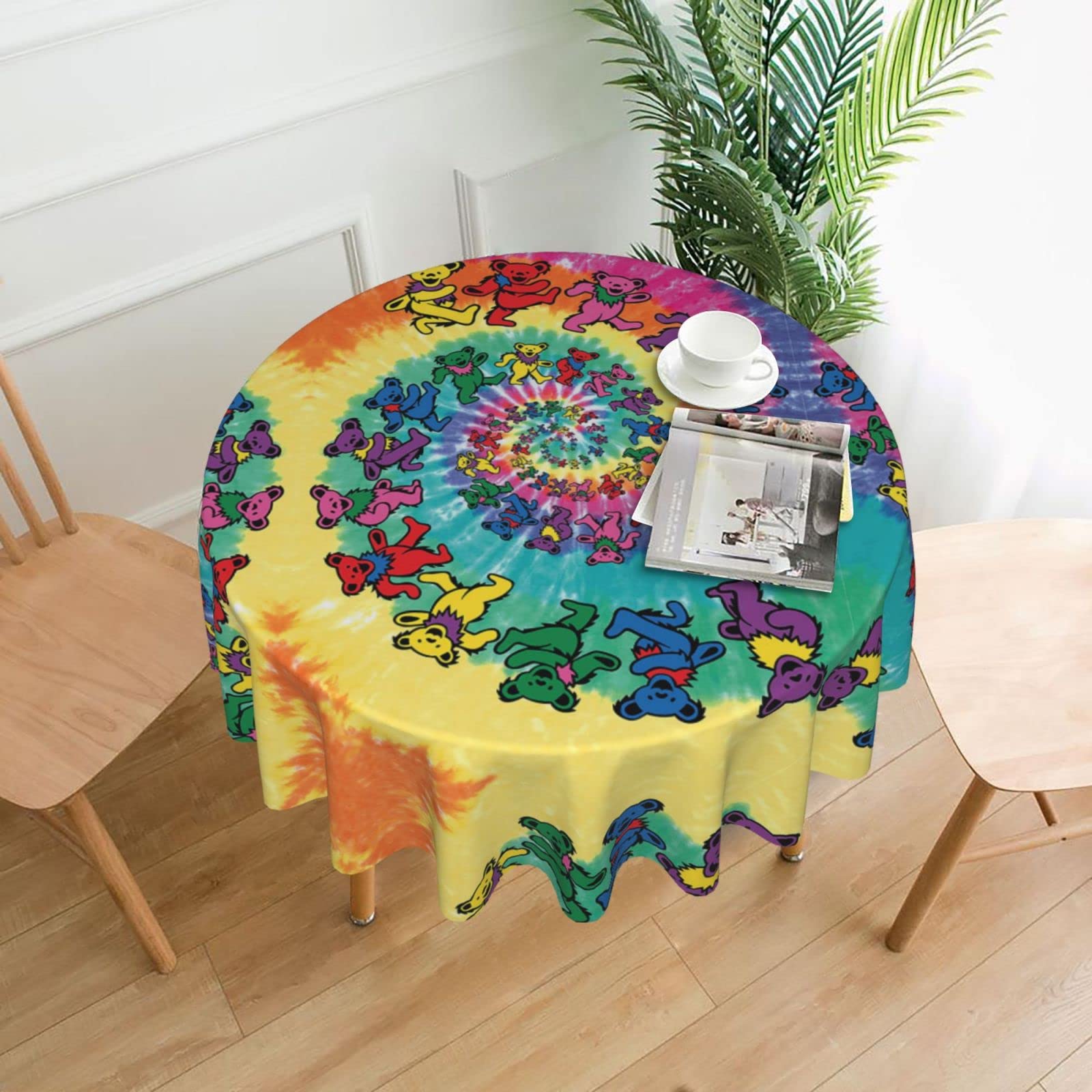 Lawenp Dancing Thanksgiving Bear Decorative Round Table Cloths - 60 Inches in Diameter for Buffet Tables, Parties, Holiday Dinners.