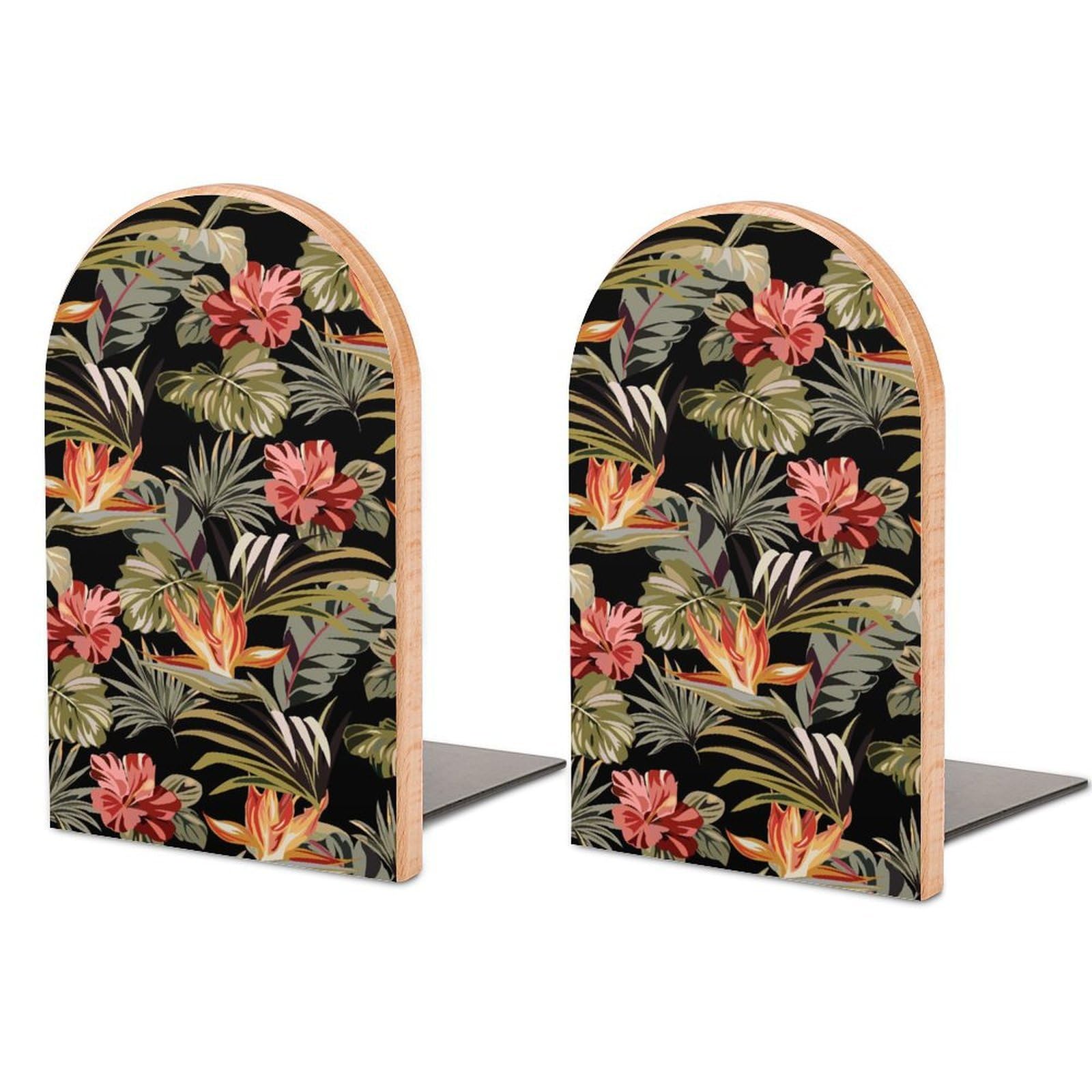 Tropical Vintage Hibiscus Floral Palm Leaves Beech Wood Bookends Heavy Duty Book Organizers Desktop File Holder for Office Home Bookshelf