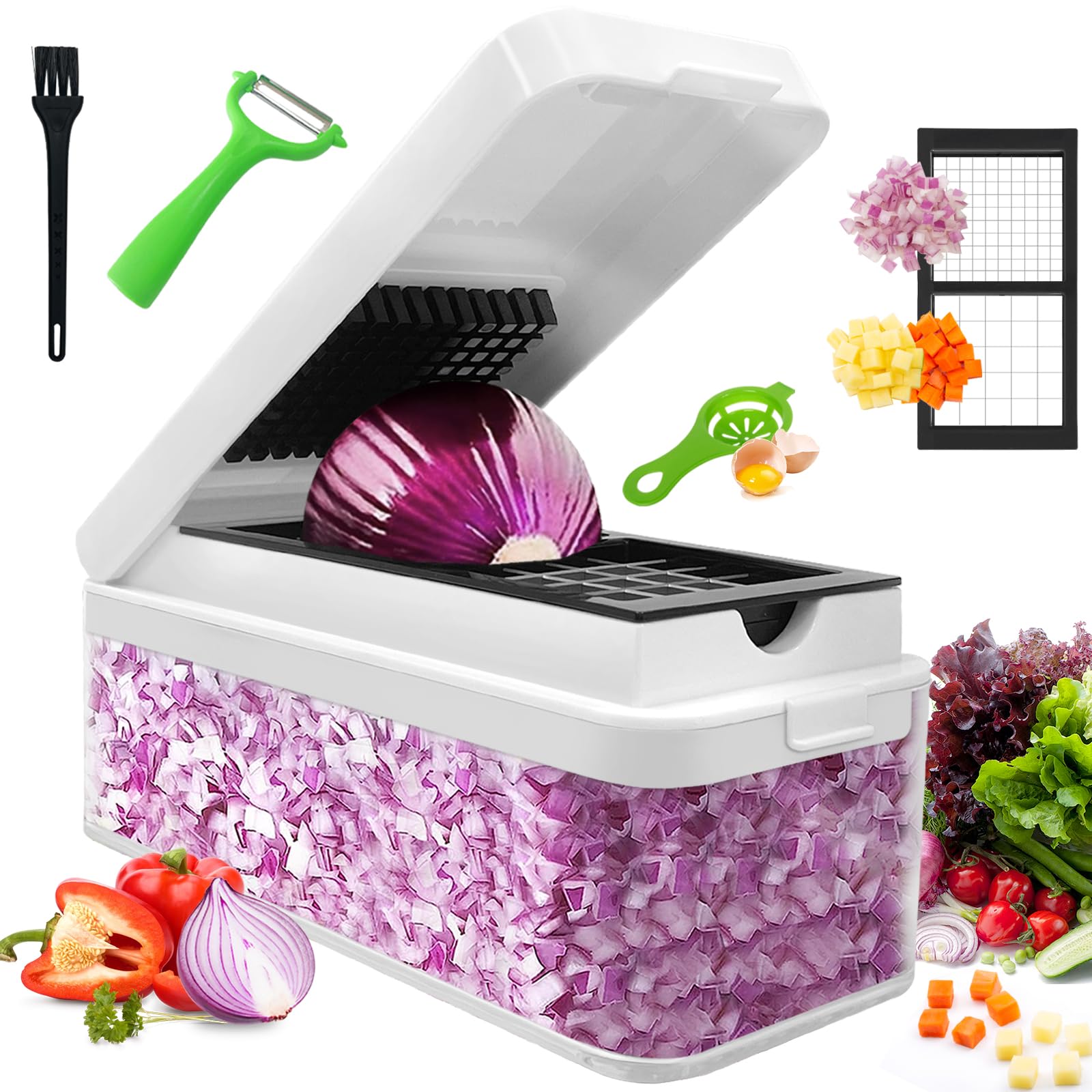 Vegetable Chopper, Onion Chopper Dicer, Mandoline Slicer, Food Chopper with Container, Vegetable Cutter for Salad Potato Carrot Garlic（2 Blades, White Black）