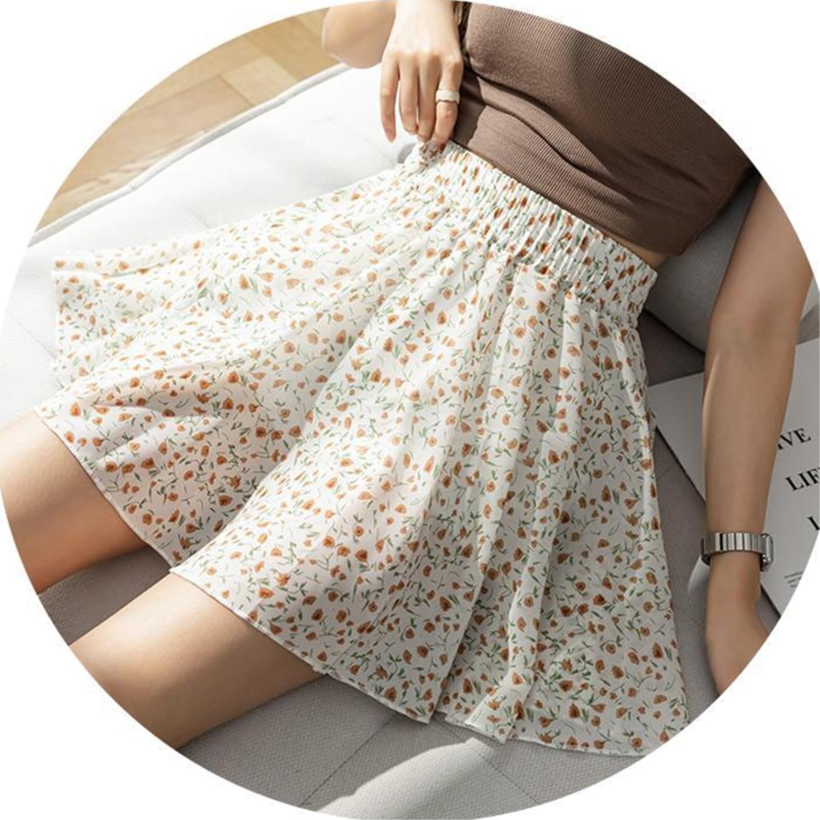 Damen Tennisrock Floral A-Linie Minirock Mit Shorts, Damenbekleidung, Slim Fit, Casual Chiffon Plissertennisrock-beige-l