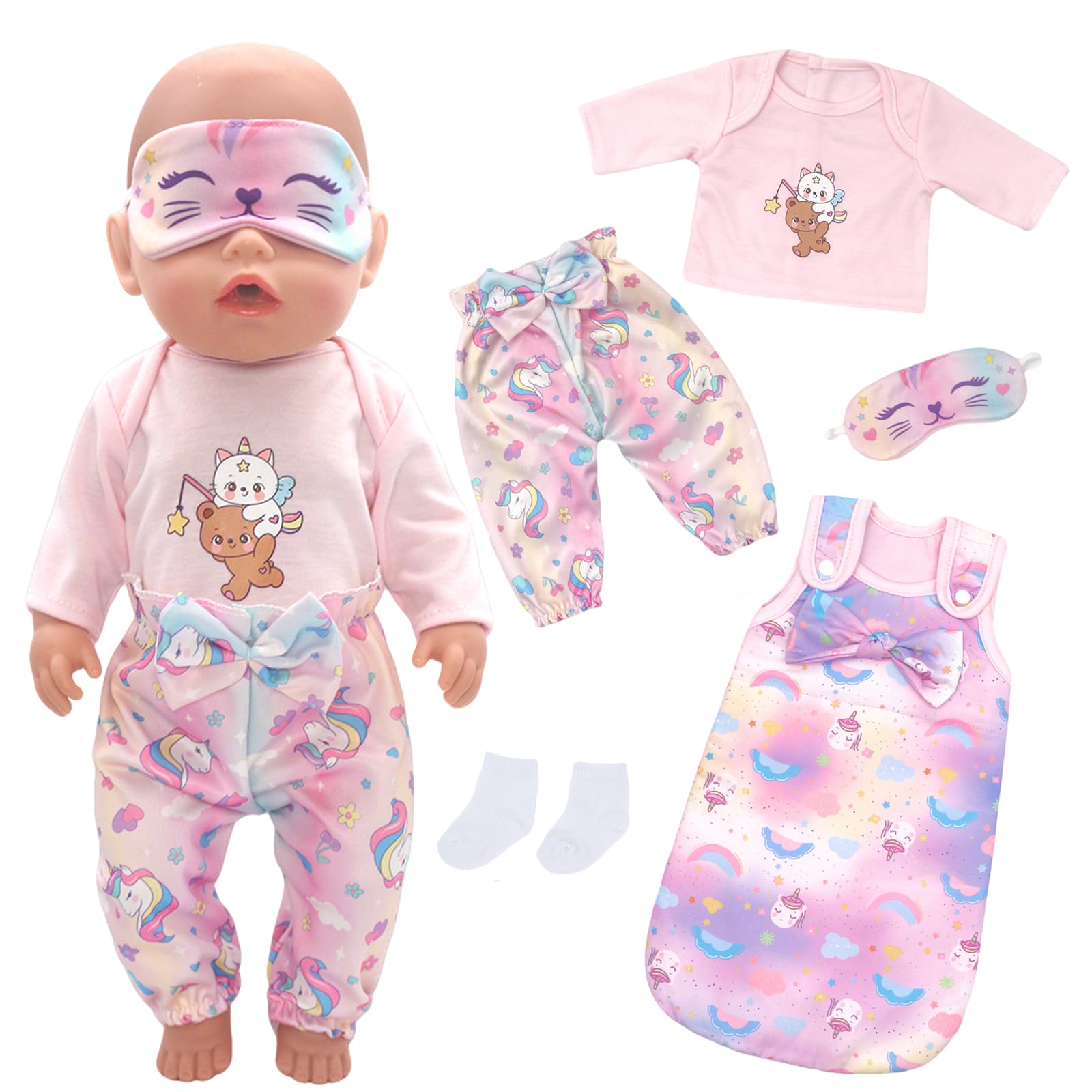 Baby Doll Clothes Dress Set for 14-18 Inch Dolls, Pink Pony Doll Clothes Outfit with Sleeping Bag Eye Patch Socks, Dolls Clothes Pajamas for Girl Boy Doll, with Rainbow Butterfly Bow
