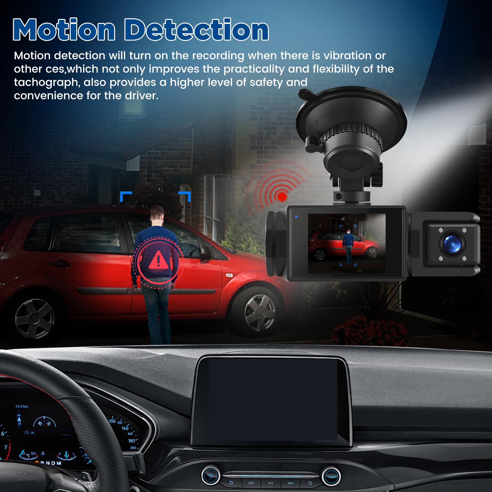 Dash Cam Auto Senza Fili WiFi – 3 Canali Fronte Interno Retro, Full HD 1080P, 2” IPS, Visione Notturna, Rilevamento Movimento, Loop, Obiettivo Rotabile