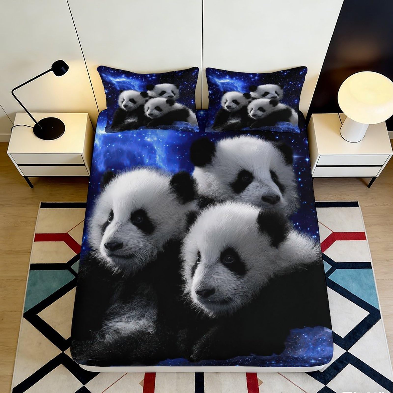 3D Printed Panda Pattern Fitted Sheet Microfiber Soft Breathable Galaxy Starry Sky Bed Cover for Bedroom Dormitory Guest Room Mattress Protection 180x200x25cm