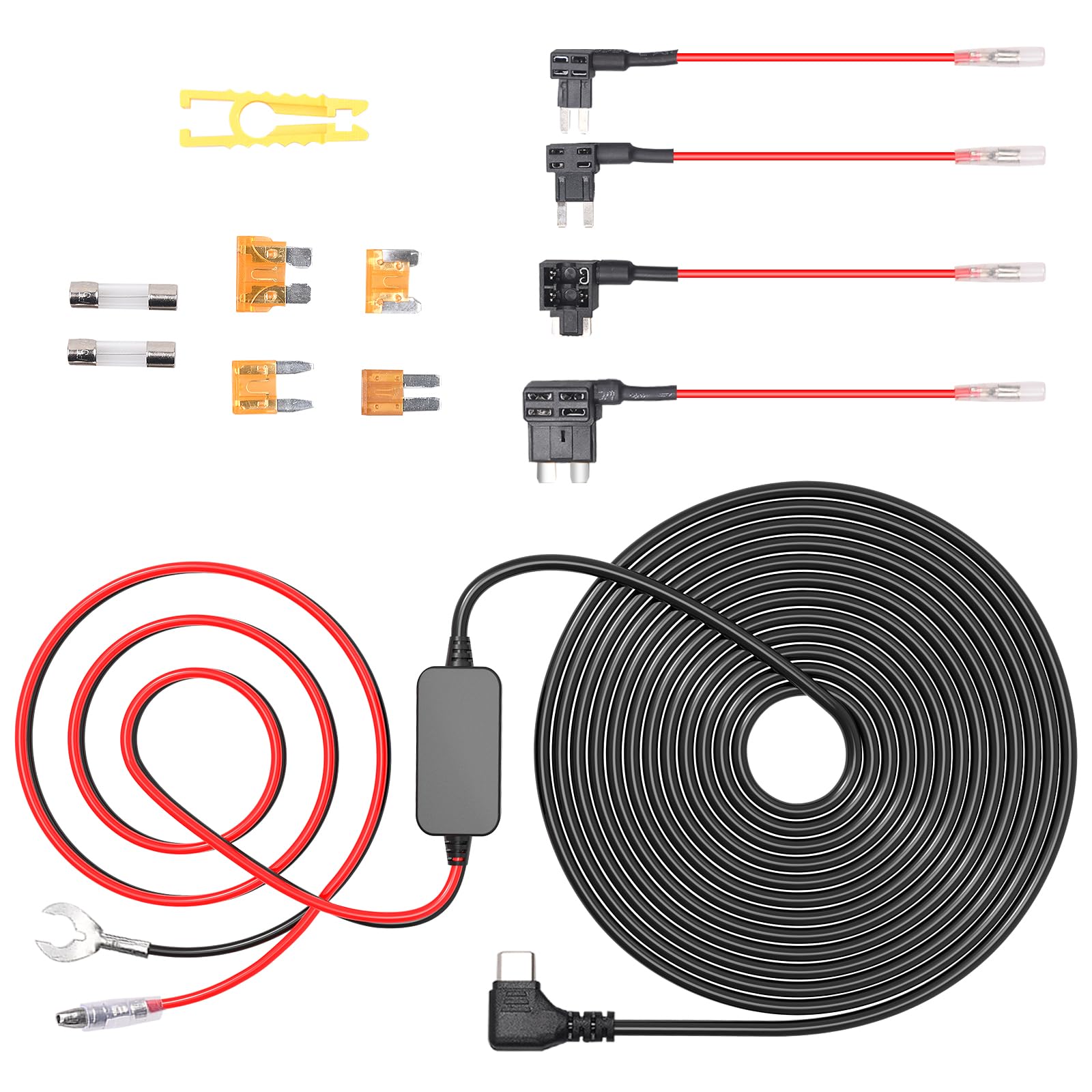 Zestaw do kamery samochodowej z twardym przewodem USB C, 12 V-24 V do 5 V, przewód zasilający kamery samochodowej, 24 godziny nadzoru, ochrona przed niskim napięciem, 4 kable bezpiecznikowe, 30