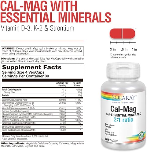 Miniatura 3 de Solaray Cal-Mag con minerales esenciales  Calcio, magnesio, estroncio, vitaminas D-3 y K-2  30 Serv  120 VegCaps