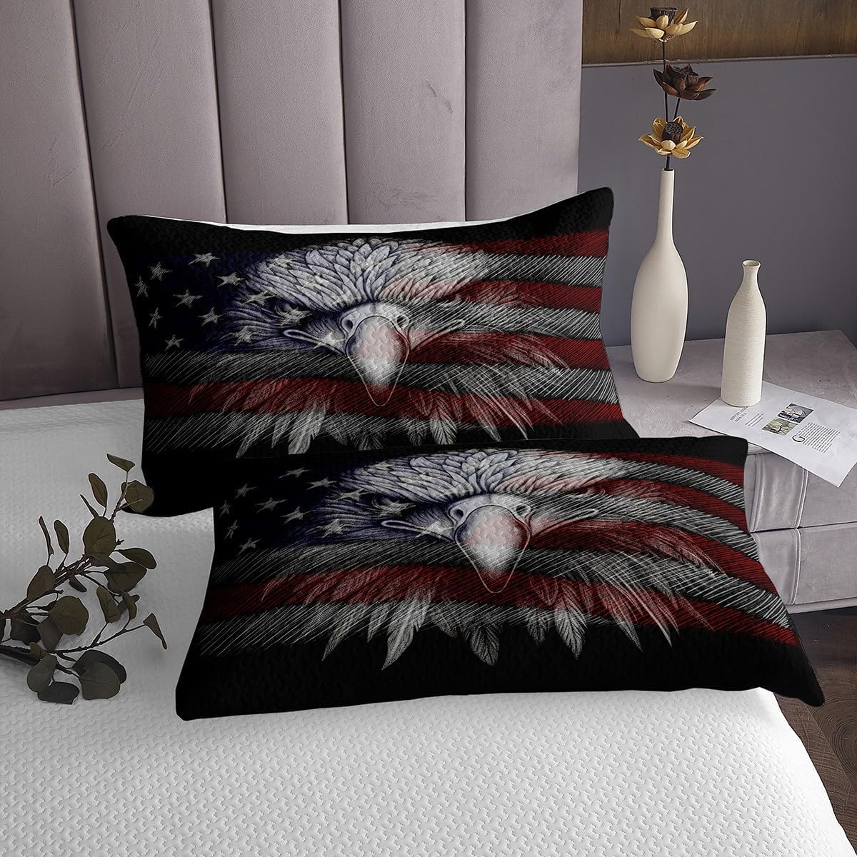 American Flag Eagle Coverlet Cute Eagle USA Flag Bedspread For Kids Children Teens Independence Eagle Day Quilt Set Black Color Quilted Bedroom Collection Bedroom Decor Bedding Set 3Pcs Queen Size