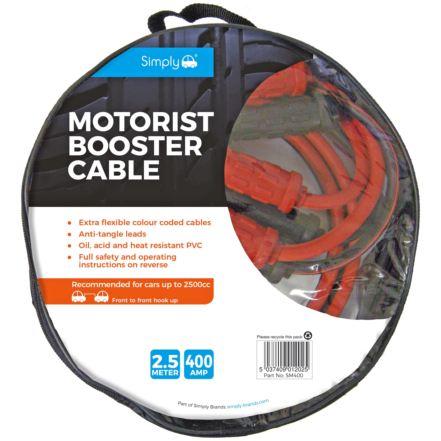 Simply SM400 Zip-bag Motorist Jump Leads Booster Cable 400AMP 2.5M Long Anti-tangle leads Oil acid and heat resistant PVC Fully Insulated Metal Clips and Operating Instructions