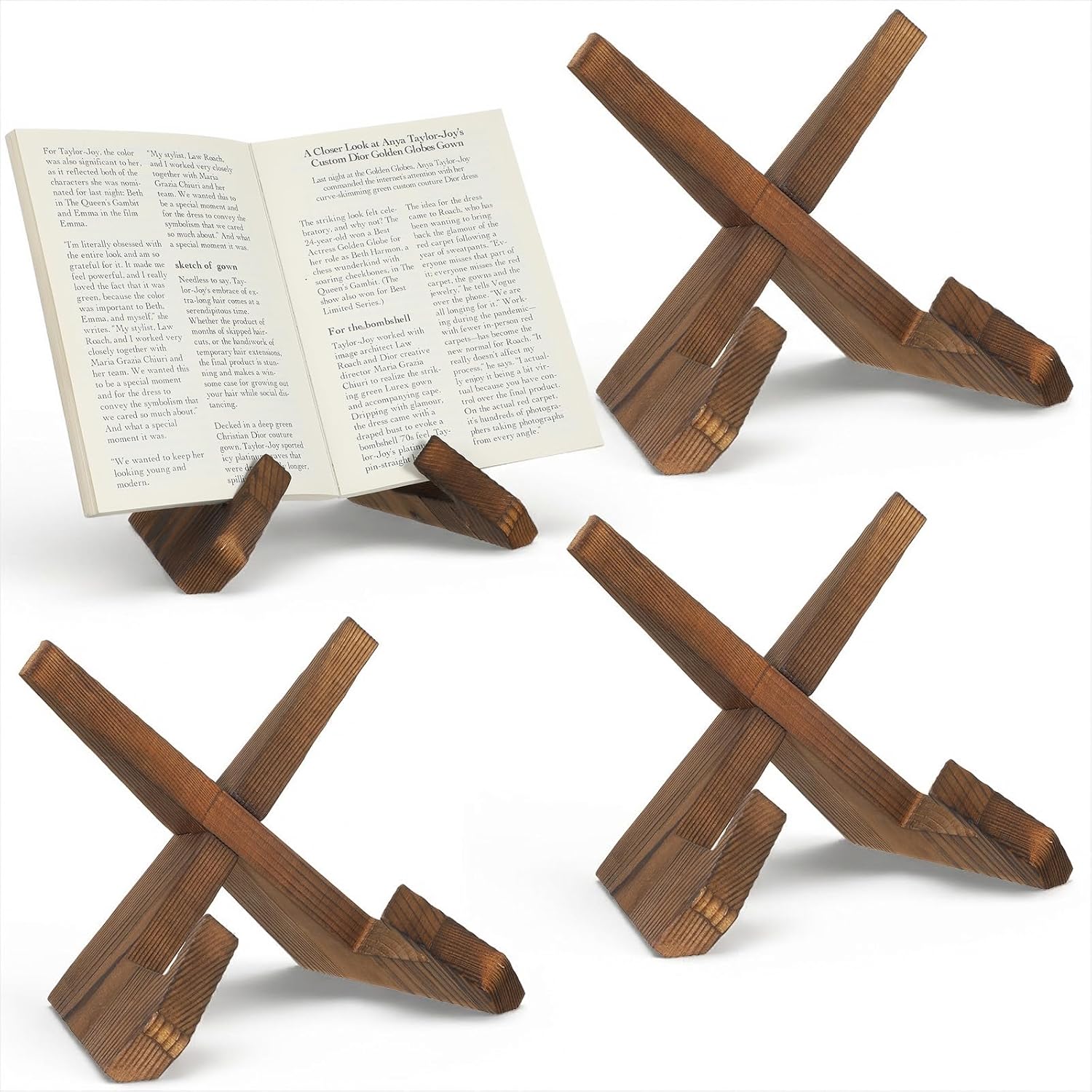 4 Pcs Book Stand for Kitchen, Wooden Cooking Book Stand with 8 Inch Height, Rustic Charcoal Finish Recipe Holder for Countertops (12.7 x 8 x 7 in)