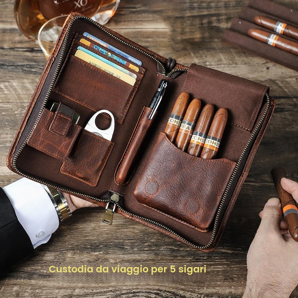 Hiram Custodia da viaggio per sigari, in vera pelle, per 5 sigari, portatile, con tasca per accendino, multifunzione, con scomparto per carte, tasca per cellulare (marrone)
