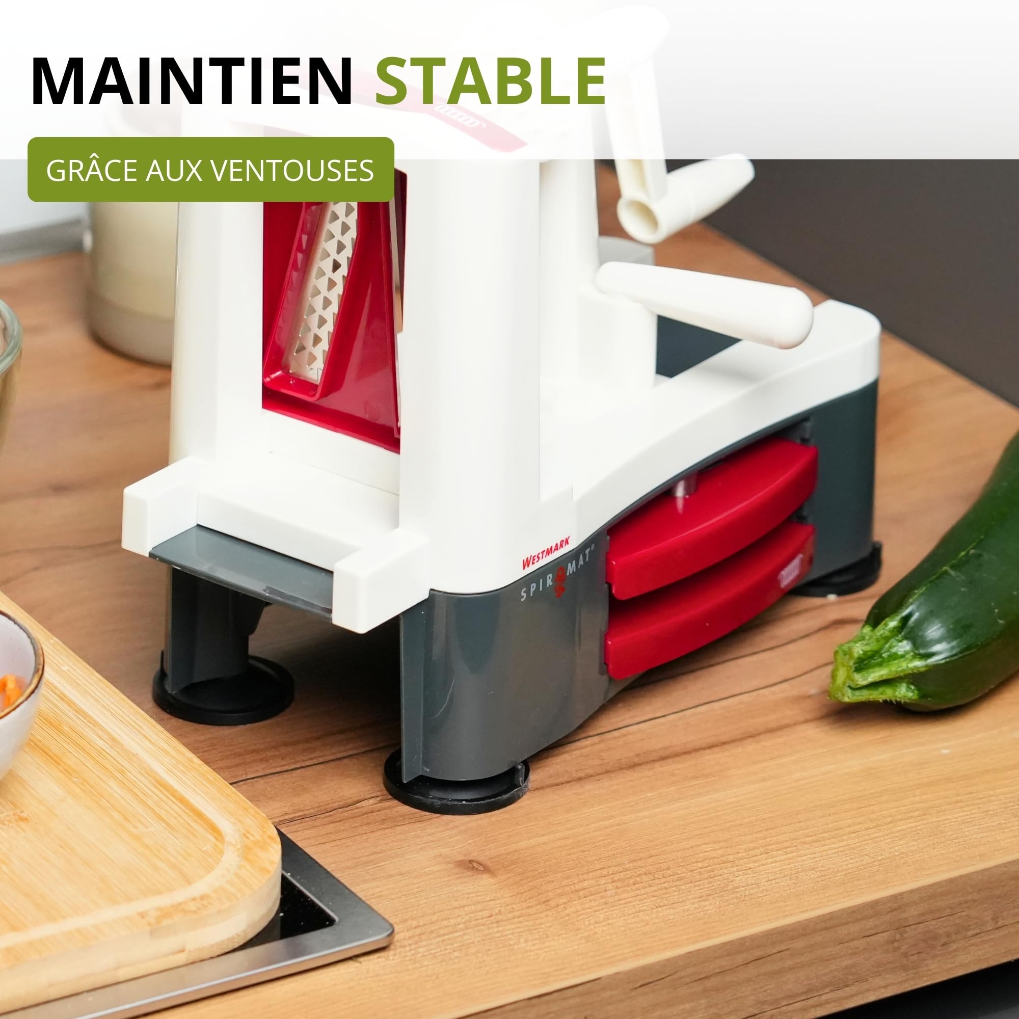 Westmark Mandoline en Spirale pour Nouilles de Légumes, Zoodles et Spirales de Légumes, 3 Lames, Lames Aiguisées en Acier Inoxydable, Spiromat, Gris/Blanc/Rouge, 11332260