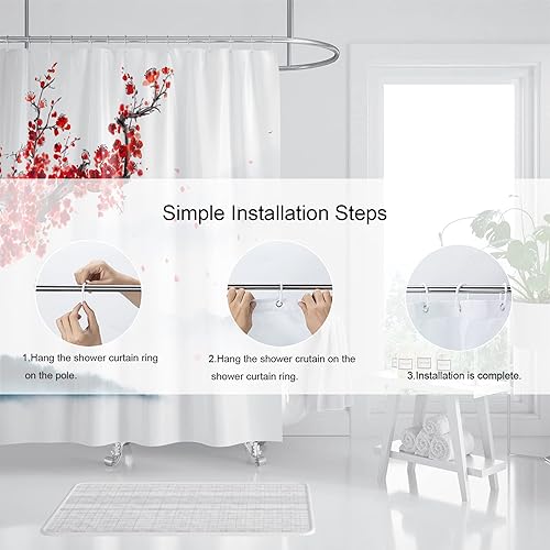 Miniatura 6 de Cortina de ducha con diseño de flor de cerezo rosa, juego de cortina de ducha japonesa Sakura floral, cortinas de ducha de flores de cerezo con