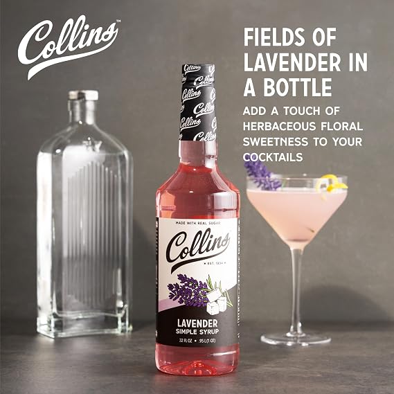 Collins Lavender Simple Syrup for Cocktails with Real Sugar, Lavender Syrup for Lemonade, Soda Water, Coffee, Iced Tea, Matcha, Baking, Desserts, Drink Mixer for Home Bar, 32 oz