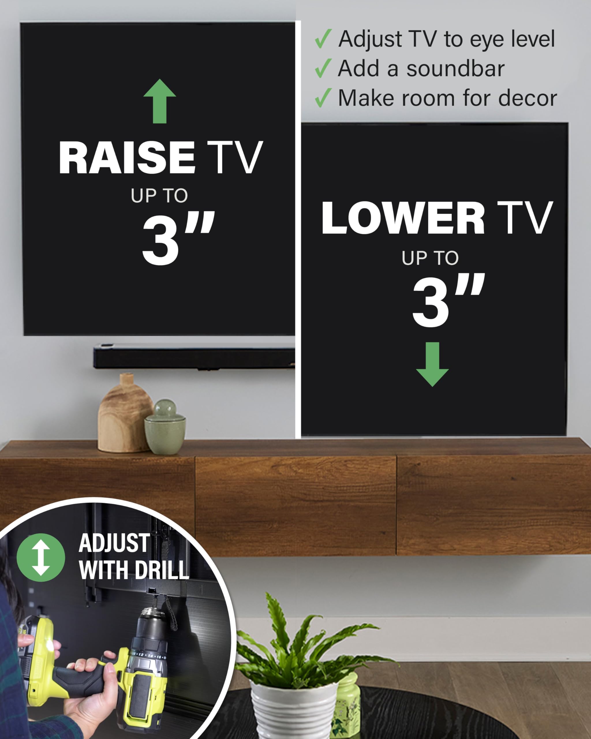SANUS Uchwyt ścienny do telewizora z regulacją wysokości do telewizorów 32-calowych do 165.1 cm – podniesienie lub opuszczanie telewizora 7.6 cm po instalacji – maksymalizuje kompatybilność z